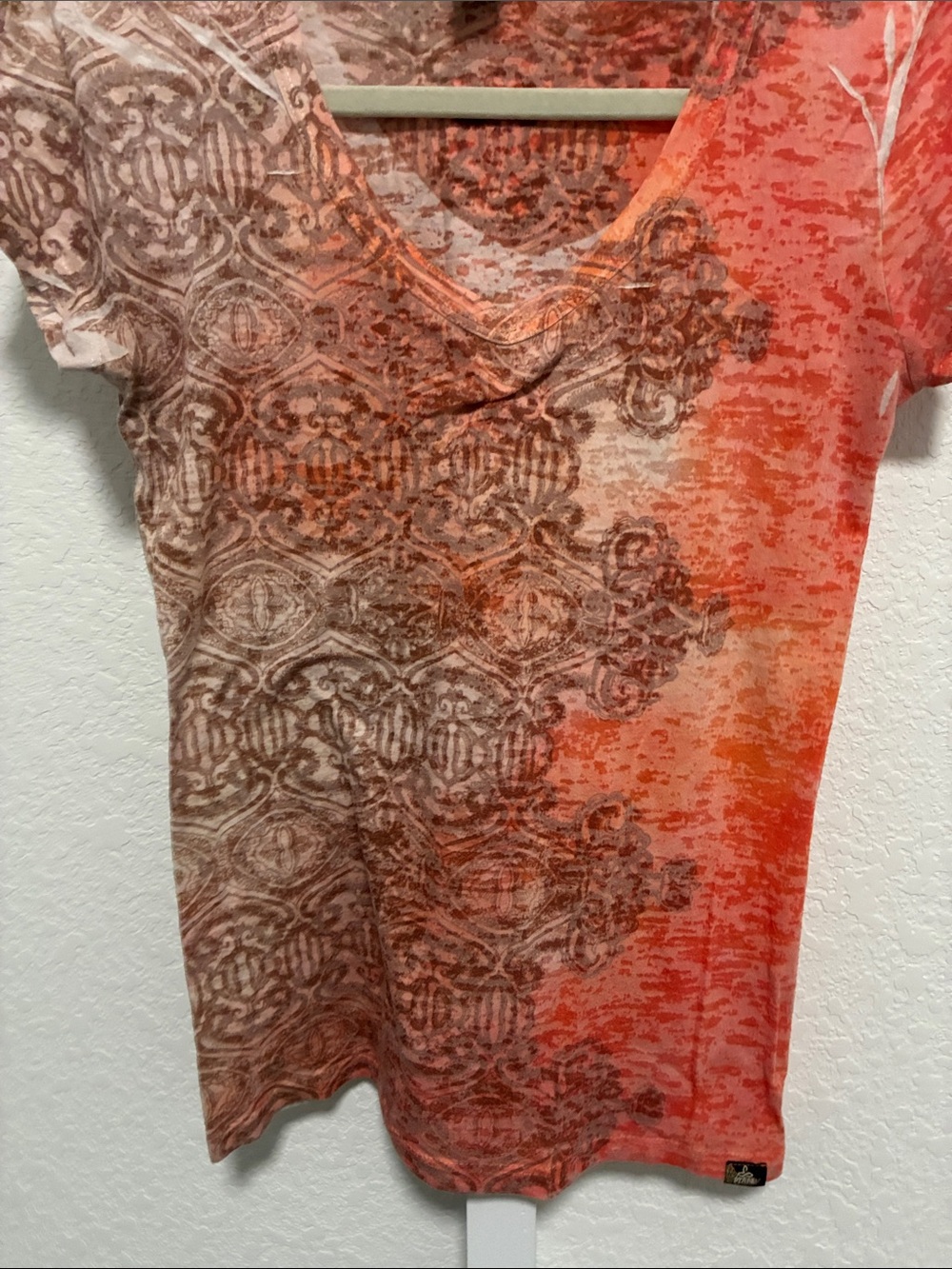 Prana Orange and Brown Boho Patterned V-Neck Short Sleeve Tee - Picture 4 of 7